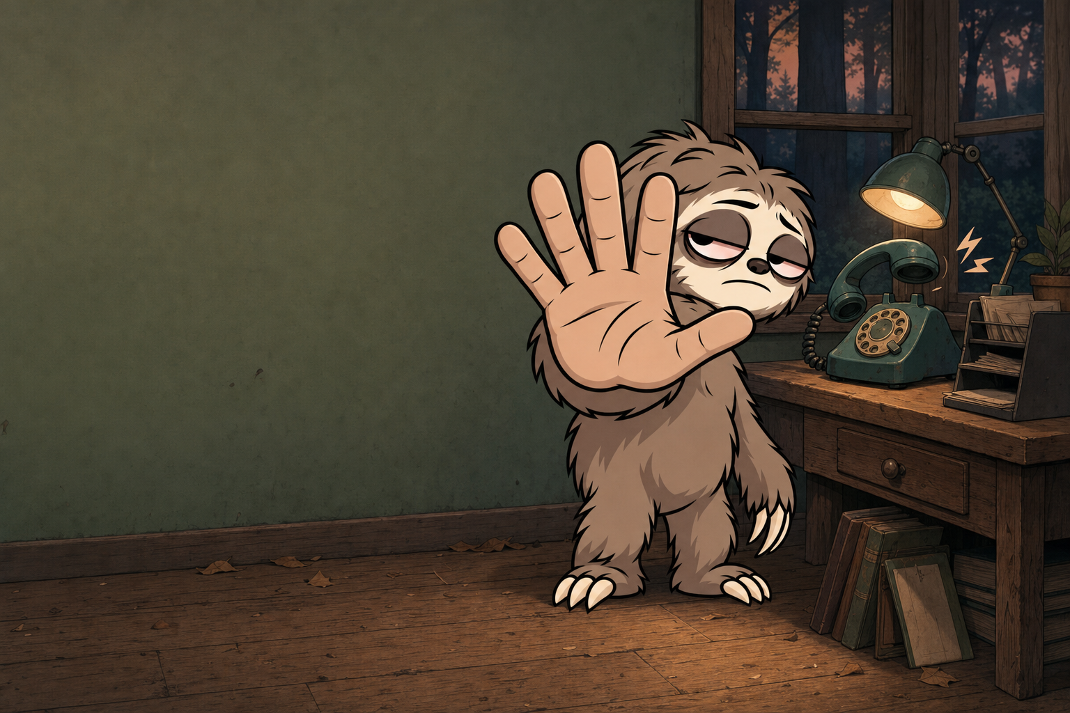 Not Now, a sleepy sloth, raising one enormous palm beside a ringing phone at a forest help desk
